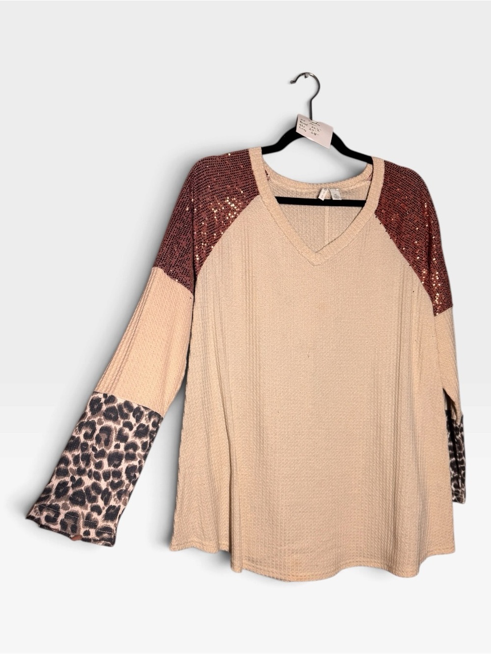Cato Beige Waffle V-Neck Top with Rose-Gold Sequin Shoulders and Leopard Cuffs